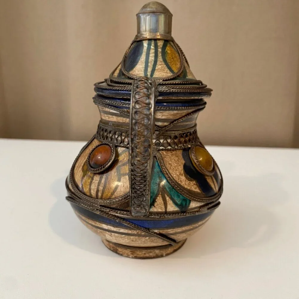 Vintage Moroccan Ceramic Tea‎ Pot – Silver Filigree & Gemstone Accents